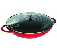 Staub Wok en fonte émaillée avec couvercle en verre D37 cm Rouge Cerise