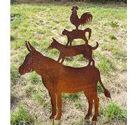 STEINFIGURENWELT GIEBEN Les musiciens de Brême 60x50cm à planter - Piquet de jardin en métal effet rouille - Décoration de jardin résistante aux intempéries - Figurine de jardin en métal patiné