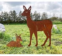 STEINFIGURENWELT GIEBEN Lot de 2 chevreuils debout avec faon - 80 cm/32 cm - À planter - En métal rouillé - Décoration de jardin - Cerf - Animal