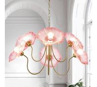 Stesulfr Lustre vintage en verre floral à 6 lumières avec abat-jour en forme de fleur verte en laiton doré luminaire suspendu pour salle à manger cuisine îlot salon chambre à coucher(Pink)