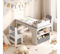 STHYTON Ensemble table et chaise en bois pour enfants avec étagère amovible et 5 tiroirs de rangement, tige de presse à papier et support de rouleau pour salle de jeux, crèche, gris et blanc
