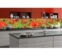 Sticker crédence - cuisine COQUELICOTS ROUGES 350 x 60 cm | Mur Arrière de la Cuisine - Crédence adhésive