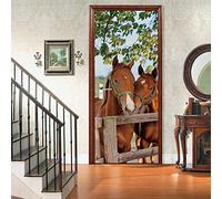 Sticker De Porte 3D La Créativité Des Chevaux Animaux Vinyle Art Poster Motif Self-Adhesive Amovible Imperméable Pour Chambre Salle De Bain Living Room Cuisine Décoration 77X200Cm