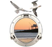 Sticker décoratif, photo d'un hublot trompe l'oeil vu du soir au port de pêche, 68 cm X 48 cm