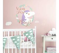Sticker Géant Repositionnable Licorne Magique, Gris Bleu, Blanc, Rose