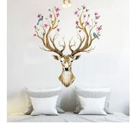 Sticker Mural Amovible Cerf Tête Fleurs Oiseau Autocollant Décalque Décor Maison