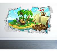 STICKER MURAL BATEAU PIRATE LOOK 3D - AUTOCOLLANT CHAMBRE ENFANTS MER OCÉAN