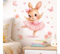 Sticker mural de lapin ballerine mignon, lapin de ballet rose avec fleurs, papillons et étoiles. Stickers muraux amovibles et repositionnables pour la décoration de la chambre d'enfant, de la pépinièr