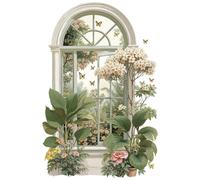 Sticker Mural Fenêtre Fausse Fleurie - Décor Mural Adhésif Vintage Pivoines et Roses Blanches pour Chambre d’Enfant, Fille, Salon ou Chambre à Coucher