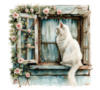 Sticker Mural Fenêtre Fleurie Vintage à Coller - Décor Faux Fenêtre avec Pivoines et Roses pour Chambre d’Enfant, Fille, Salon ou Chambre à Coucher, Chaton Mignon