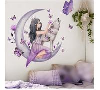 Sticker Mural Fille fée Papillon Violet Fleurs Décalques muraux DIY Moon Wolf Stickers muraux Pétales Floraux en Chute Décoration
