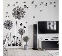 Sticker Mural Fleur de Pissenlit Noir (165x130cm) I Papillon Plante Branche Arbre I Sticker Mural Autocollant Salon Chambre Cuisine