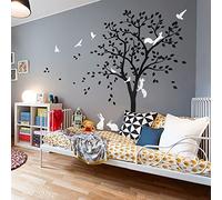 Sticker mural grand arbre avec oiseaux, écureuils, lapins et lapines Décoration murale de chambre d'enfant 095 (Noir, Blanc)