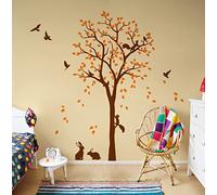 Sticker mural grand arbre avec oiseaux, écureuils, lapins et lapines Décoration murale de chambre d'enfant 095 (Marron, Orange)