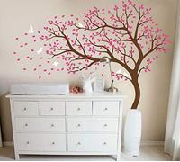 Sticker mural grand arbre vinyle autocollant arbre soufflant dans le vent décalque mural pour chambre d'enfant 98 (Branches à gauche, Brun; Rose; Blanc)