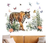 Sticker Mural Jungle Tigre Cartoon - PVC 30x90cm | Papillon Floral Decal | Autocollant Tigre Animal Décoration Stickers Art Decals | Peel-Apply Chambre d'enfant Chambre à coucher Salle de jeux Décor