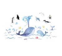 Sticker mural marin avec baleines, pingouins, poissons colorés et éclaboussures d'eau, décoration murale pour chambre d'enfant - Aquarelle - 90 x 60 cm