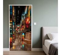 Sticker Mural Porte Bibliothèque, Papier Peint Vitrail Couloir Art Moderne 3D, Auto-adhésif Sticker Porte pour Cuisine Chambre Autocollant Décoration 95x215cm