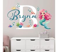 Sticker mural sirène personnalisé pour chambre d'enfant - Nom personnalisé et initiale - Décoration murale pour chambre de fille