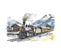 Sticker mural vintage Train à vapeur Scène de montagne 60 cm x 35 cm Style aquarelle