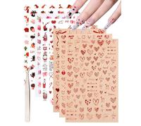 Sticker Ongles Saint-Valentin Noël - 8 Feuilles Nail Art Sticker Autocollant & 1 Pince à Épiler, Romantique Valentine Cartoon Amour Rose Chat Ours Décoration DIY Accessoires Nail Design Stickers-Set J