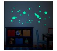 Sticker Phosphorescent ESPACE - Autocollant Fluorescent et Lumineux jusqu'à 5 HEURES de suite - Décoration pour Chambre Bébé et Enfant - Lot de 1 Fusée, 20 Etoiles, 1 Comète et 2 Planètes