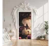 Sticker Porte 3D Bouddha Lotus Rose Arbres Soleil Paysage, Autocollant Stickers Porte Zen Exotique, Papier Peint Porte Amovible PVC Auto-adhésif Chambre Salon Salle de Bain Décor 73 x 205 cm