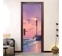 Sticker Porte 83x205 cm PVC Imperméable Romance OcéAn Phare Poster de Porte 3D Stickers Muraux Autocollant Mural Amovible Rose Auto-adhésif Murale pour Porte Salon Chambre Decoration