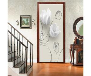 Sticker Porte Autocollant Poster De Porte 3D Art Moderne De Fond De Fleurs Blanches Affiche De Porte Mural Papier Peint Art Décor