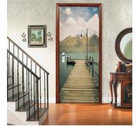 Sticker Porte Autocollant Poster De Porte 3D Jetée En Bois Et Fond De Paysage De Montagne Lampe Vinyle Affiche De Porte Sticker