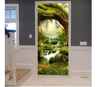 Sticker Porte Autocollant Poster de Porte 3D Mystérieux Arbres De La Jungle Verte Ruisseaux Forêt Tropicale Porte 77 x 200 cm