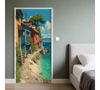 Sticker Porte Bord de Mer, Autocollant Porte Méditerranéen Anime Plage, Papier Peint Auto-adhésif Amovible Chambre Intérieure Intérieure Salon Salle de Bain Décor 80x210cm