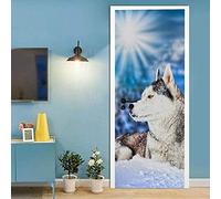 Sticker Porte Effet 3D - Autocollant De Porte Trompe L'Oeil - Loup Animal 77 X 200 Cm Papier Peint - Auto-Adhésif Stickers Muraux -Chambre Salon Cuisine Poster De Porte Déco - Photos De Porte