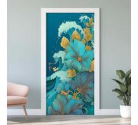 Sticker Porte Hibiscus Plumeria Autocollants de Porte Texture Vague 3D Amovible Jungle Tropicale Exotique Affiche Sticker Autocollants de Décoration Chambre Salon Cuisine Salle 77x200cmW2k146