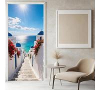 Sticker Porte Paysage de Grèce Papier Peint, Maison de Plage Autocollant Poster Auto-Adhésif, Chambre Salon Salle de Bain Affiche Art Décor Mural 3D Stickers Porte 95 x 215 cm w.7809