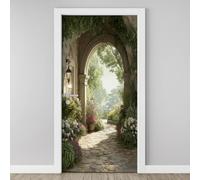 Sticker Porte Trompe l'oeil 3D Arbres Fleurs Arche Autocollants Papier Peint Mural Allée de Jardin Amovible Vinyle, Stickers de Porte Chambre Salle de Bain Poster de Porte Art Décor 77x200 cm