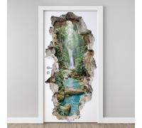 Sticker Porte Trompe l'oeil 3D Montagne Cascade Autocollants Papier Peint Mural Ruisseau Forêt Amovible Vinyle, Stickers de Porte Chambre Salle de Bain Poster de Porte Art Décor 77x200 cm