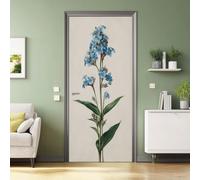 Sticker Porte Trompe l'oeil Botanique Vintage Myosotis Fleurs Feuilles Tiges Bleu Autocollants Muraux PVC Stickers pour Décoration Mur Salon Cuisine Chambre Salle de Bain Papier Peint 77 x 200 cm