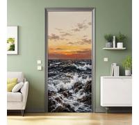 Sticker Porte Trompe l'oeil Cotier Paysage Vagues Rochers Coucher De Soleil Bateaux Bleu Autocollants Muraux PVC Stickers pour Décoration Mur Salon Cuisine Salle de Bain Papier Peint 80 x 210 cm
