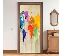 Sticker porte Trompe l'oeil Effect 3D Aquarelle Rétro Porte Photo Stickers Muraux Carte Du Monde Éclaboussure D'Encre Taches Auto-adhésif Autocollants PVC Imperméable pour Chambre, 90 x 200 cm