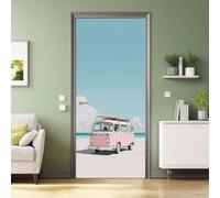 Sticker Porte Trompe l'oeil Effect 3D Cotier Vintage, Voiture Planche de Surf Plage Vagues Muraux PVC Stickers pour Décoration Mur Salon Cuisine Chambre Salle de Bain Papier Peint 80 x 210 cm