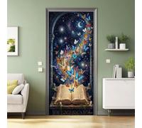 Sticker Porte Trompe l'oeil Effect 3D Fantaisie Vintage, Papillons Livre Magique Ciel Etoile Lune Muraux PVC Stickers pour Décoration Mur Salon Cuisine Chambre Salle de Bain Papier Peint 88 x 200 cm