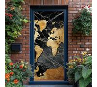 Sticker porte Trompe l'oeil Effect 3D Luxe Moderne Porte Photo Stickers Muraux Carte Du Monde Marbre Lignes Auto-adhésif Autocollants PVC Imperméable pour Chambre Cuisine, 77 x 200 cm