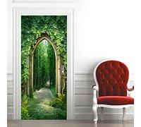 Sticker Porte Trompe l'oeil Effect 3D Poster Trompe l'oeil Porte Mural Intérieure pour Décoration Mur Salon Cuisine Chambre Salle de Bain Papier Peint 95x215 cm Vert & style marocain