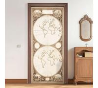 Sticker porte Trompe l'oeil Effect 3D Rétro Classique Porte Photo Stickers Muraux Globe Carte Du Monde Lignes Auto-adhésif Autocollants PVC Imperméable pour Chambre Cuisine, 80 x 210 cm
