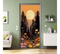 Sticker Porte Trompe l'oeil Effect 3D Tropical Nature, Lune Pins Fleurs Silhouette Muraux PVC Stickers pour Décoration Mur Salon Cuisine Chambre Salle de Bain Papier Peint 90 x 200 cm