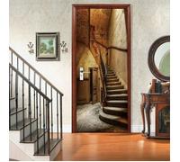 Sticker Porte Trompe l'oeil Effect Papier peint 3D 77x200cm pour porte bureau chambre à coucher salon salle de bain Ancien Escalier