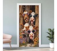 Sticker Porte Trompe L'oeil Ferme Vache 3D, Poster de Porte Animaux Drôle, Autocollant Porte Mural Vache Rustique Auto-adhésif PVC Chambre Salon Cuisine Décoration 88x200 cm K1d233