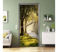 Sticker Porte Trompe l'oeil Nature Paysage Arbres Riviere Herbe Lumiere Du Soleil Vert Autocollants Muraux PVC Stickers pour Décoration Mur Salon Cuisine Chambre Salle de Bain Papier Peint 80 x 210 cm
