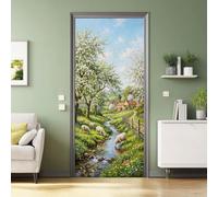 Sticker Porte Trompe l'oeil Rustique Campagne Animaux Moutons Ruisseau Arbres Vert Autocollants Muraux PVC Stickers pour Décoration Mur Salon Cuisine Chambre Salle de Bain Papier Peint 95 x 215 cm